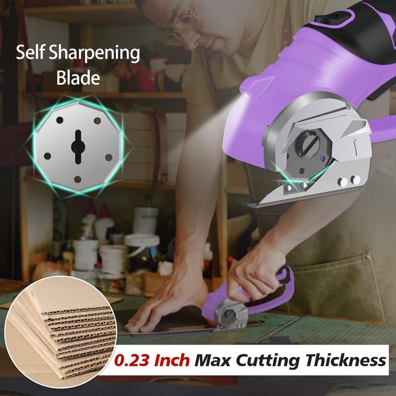 Mershca Cordless Electric Scissors, 4V Rechargeable Box Cutter & Cardboard Cutter with Titanium Blade, LED Light, Safety Lock - Rotary Cutter for Fabric, Leather, Carpet, Plastic, Crafting, Sewing(Purple) - Image 2